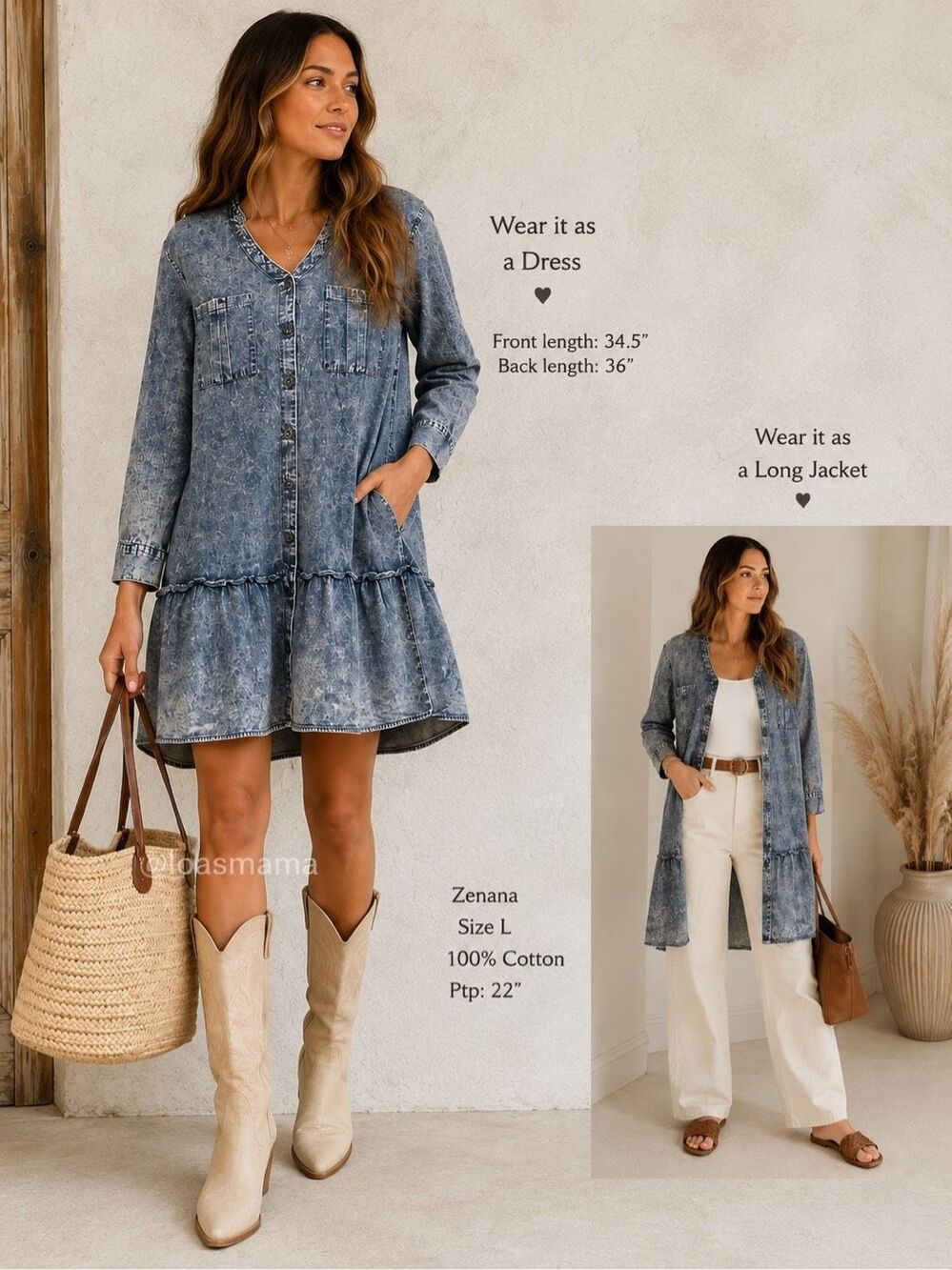 Zenana Acid Wash Denim Shirt A-line Dress L 100% Cotton Button Front Tiered Long